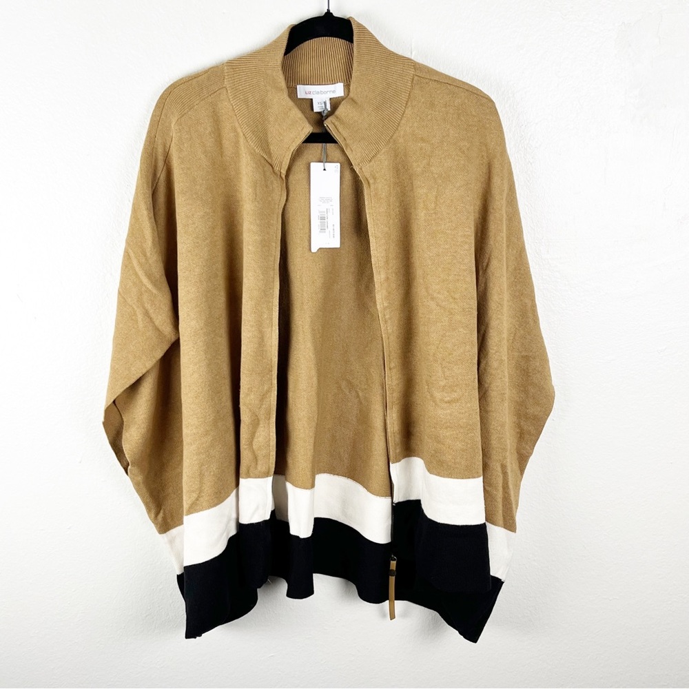 LIZ CLAIBORNE Signature Caramel Front Zipper Oversized Poncho, Size XS/S